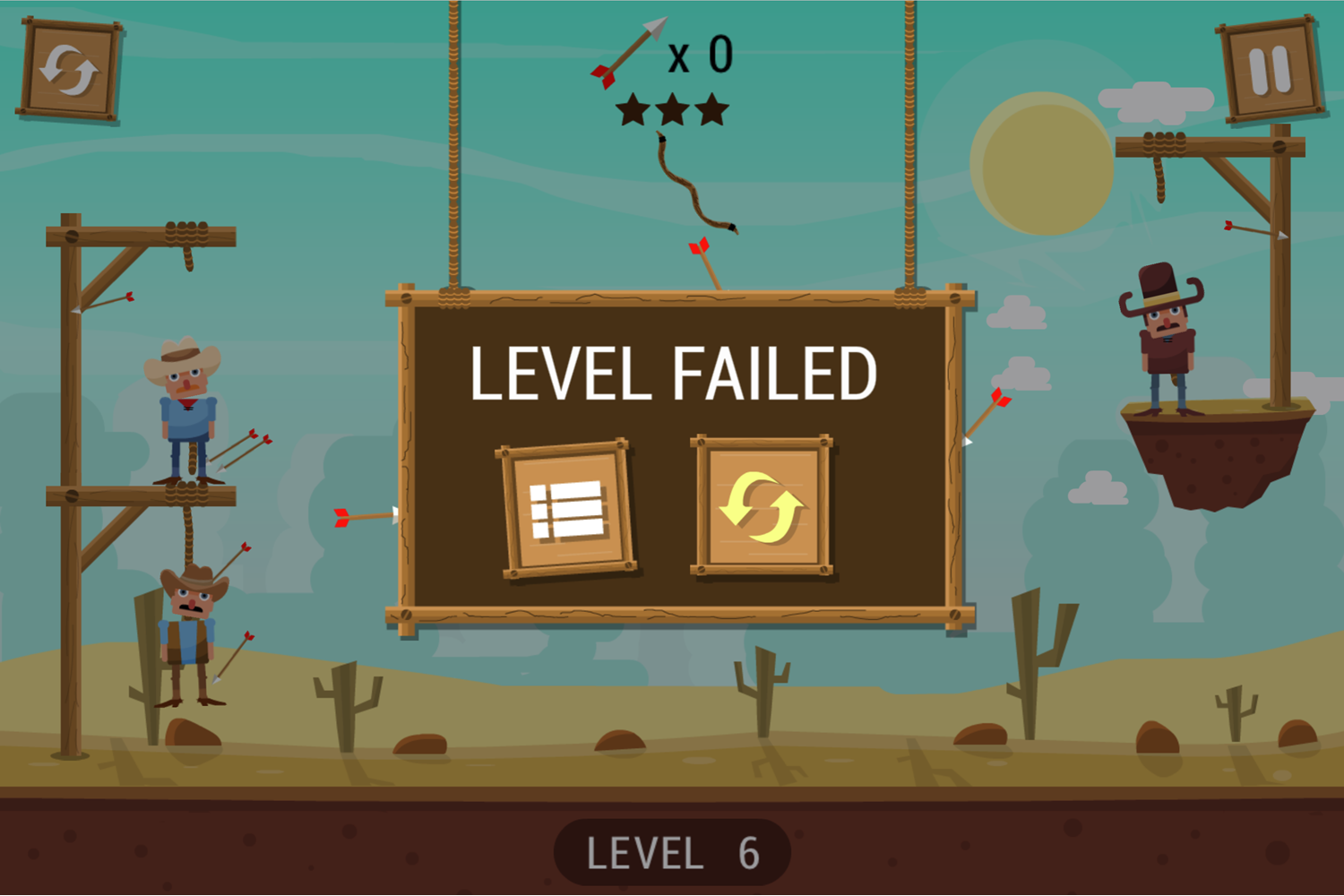 Save the Cowboy Game Level Failed Screen Screenshot.