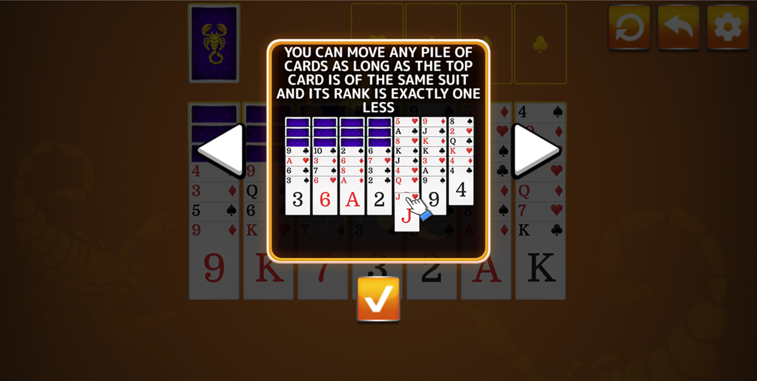 Scorpion Solitaire Game Moving Cards Information Screen Screenshot.