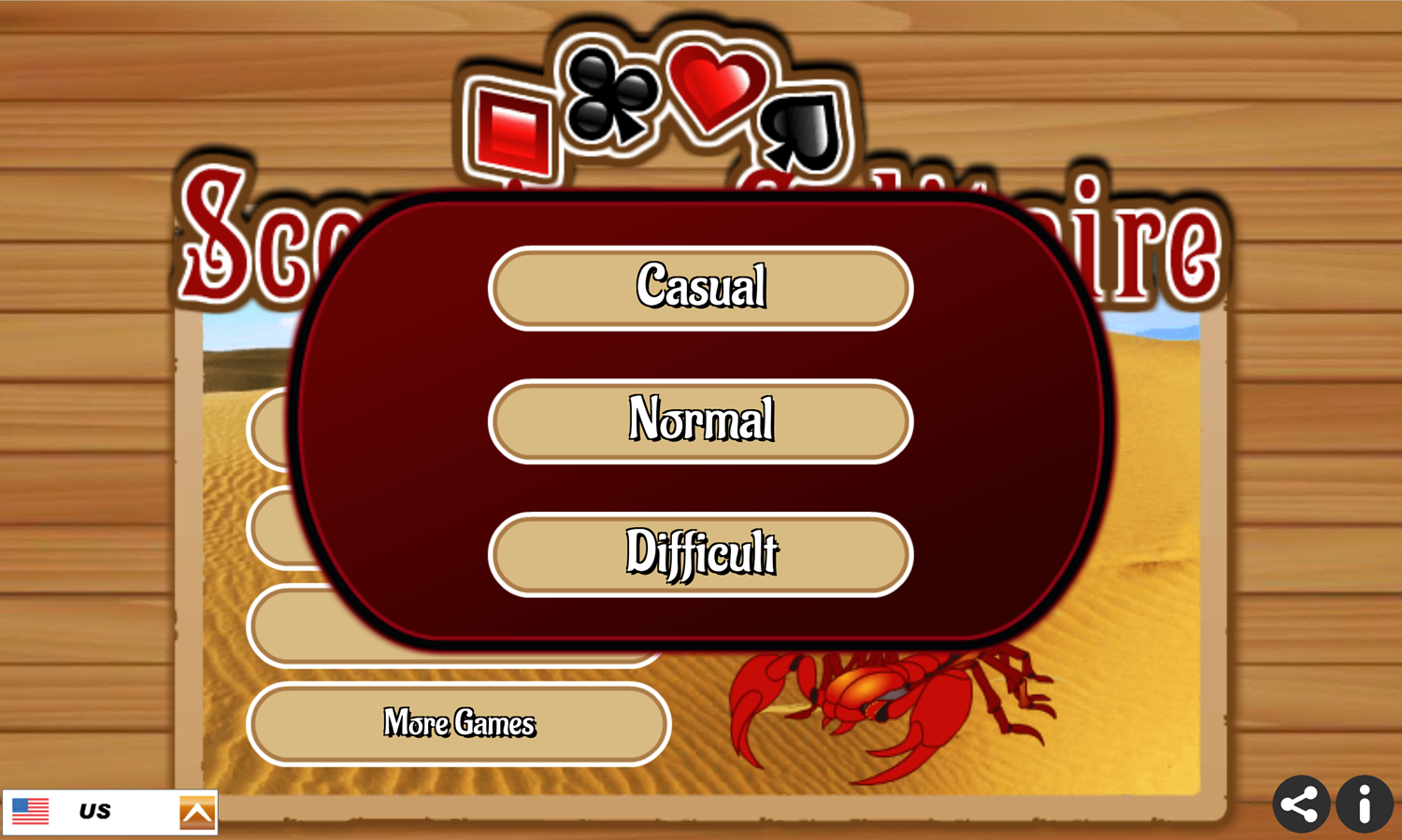 Scorpion Solitaire Game Difficulty Select Screen Screenshot.