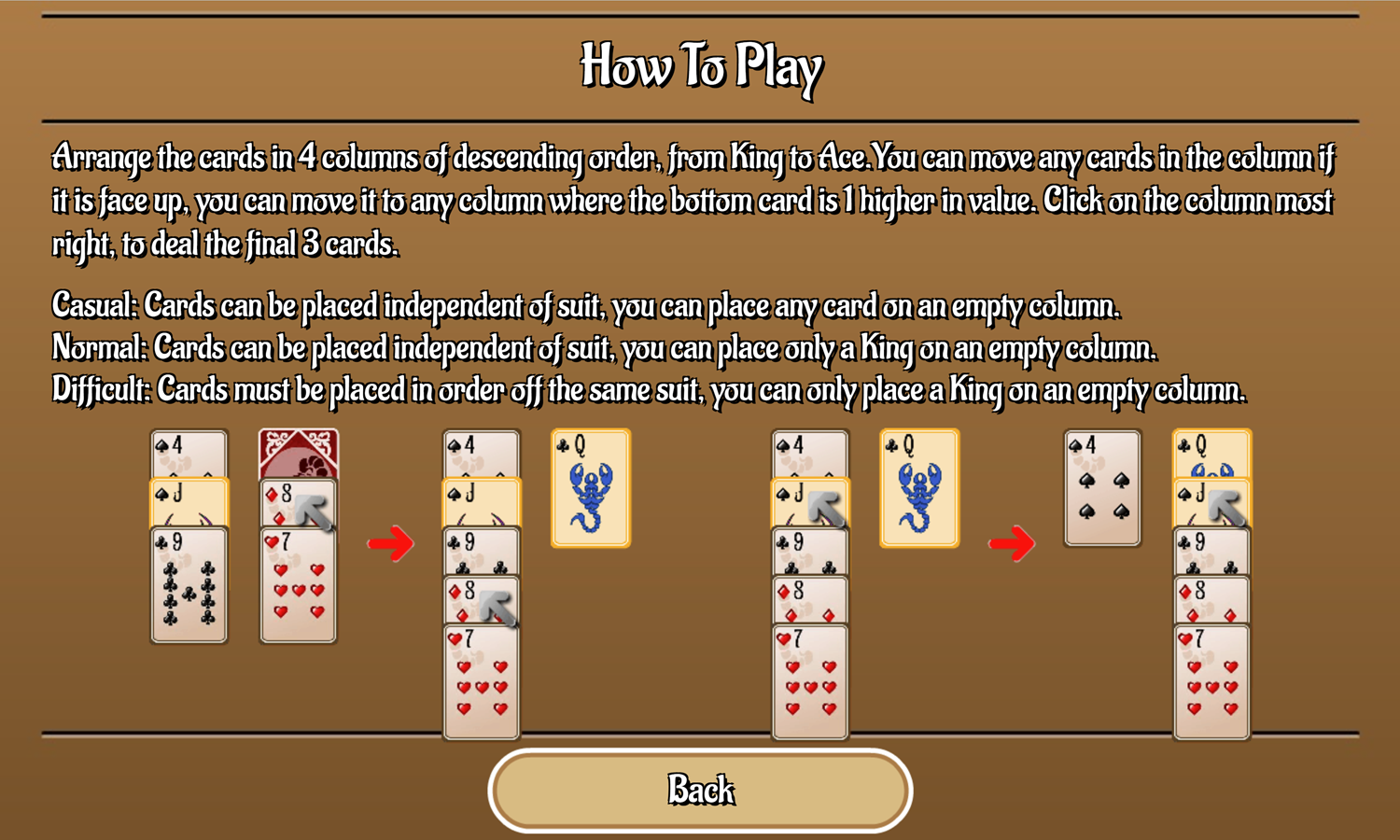 Scorpion Solitaire Game How to Play Screen Screenshot.