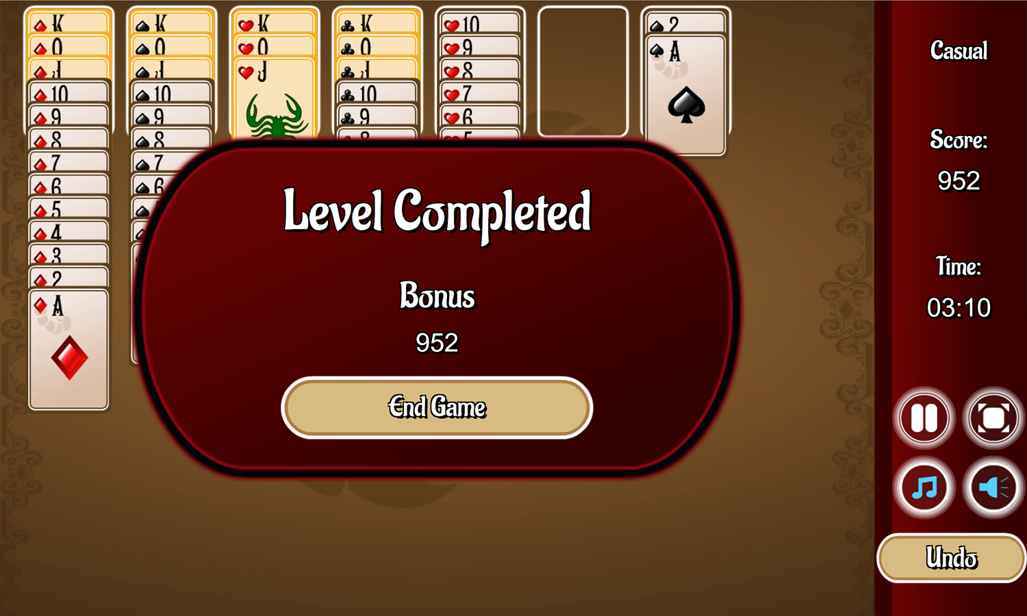Scorpion Solitaire Game Level Completed Screen Screenshot.