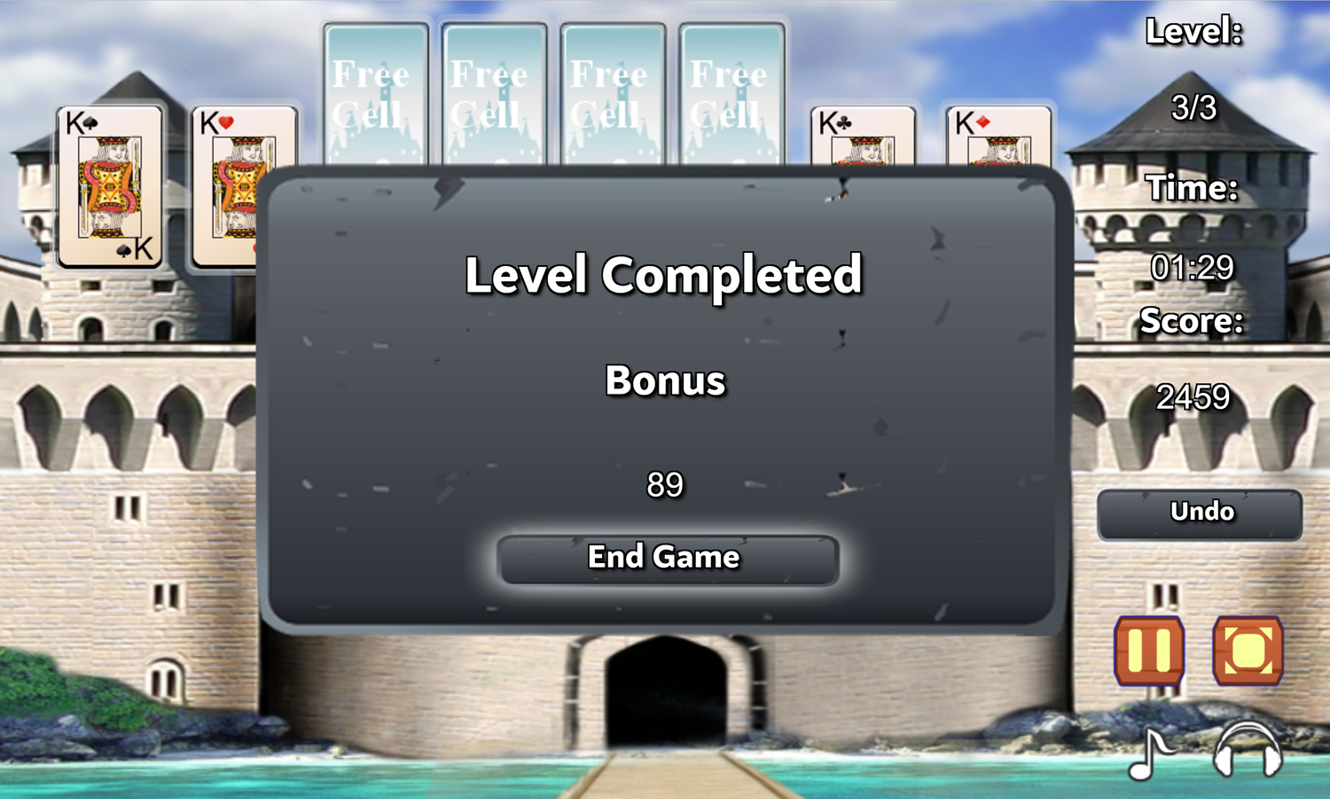 Sea Tower Solitaire Game Level Completed Screen Screenshot.