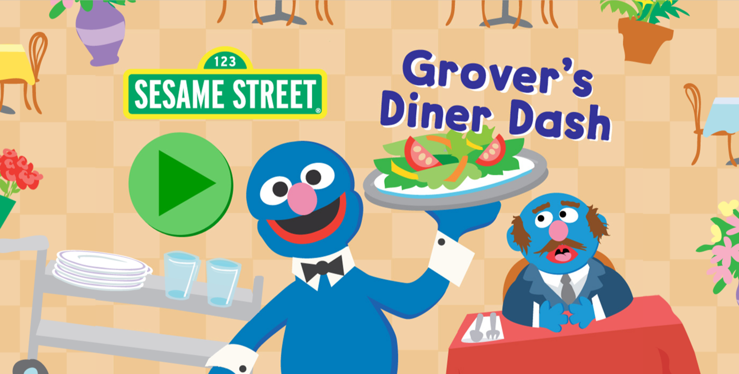 Sesame Street Grover's Diner Dash Game Welcome Screen Screenshot.
