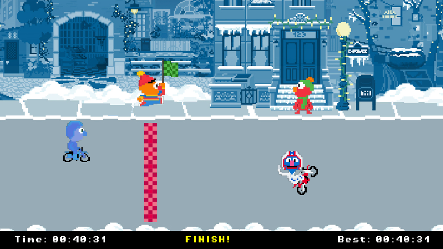 Sesame Street Grover's Motorcycle Mayhem Holiday Edition Game Finish Line Screenshot.