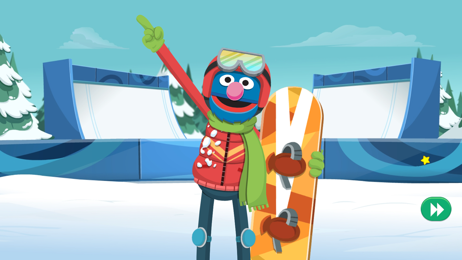 Sesame Street Grover's Winter Games Game Skateboarding Intro Screenshot.