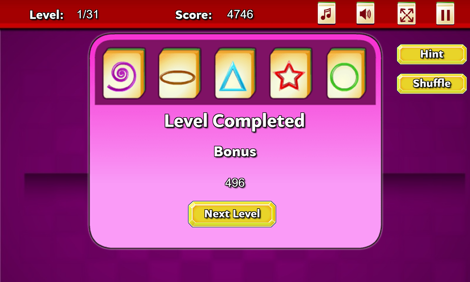 Shape Mahjong Game Level Completed Screenshot.