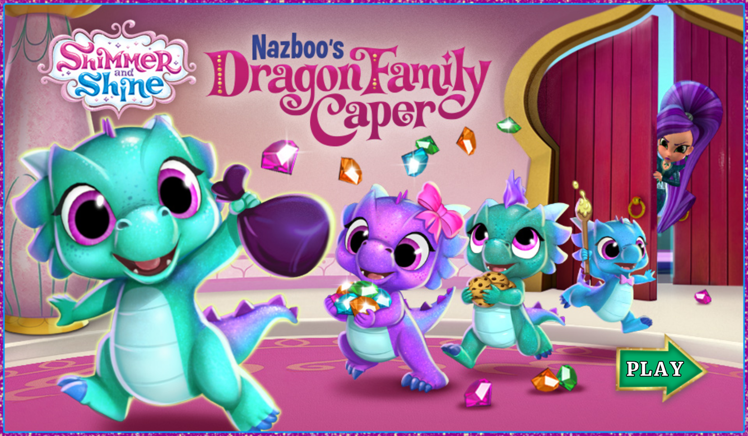 Shimmer and Shine Nazboo's Family Dragon Caper Game Welcome Screen Screenshot.