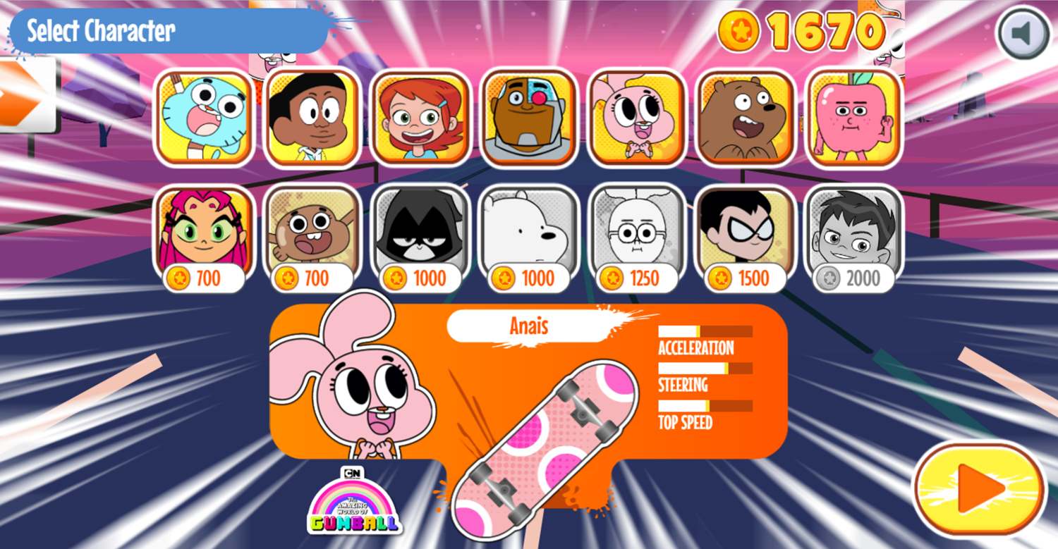 Skate Rush Game Character Select Screen Screenshot.