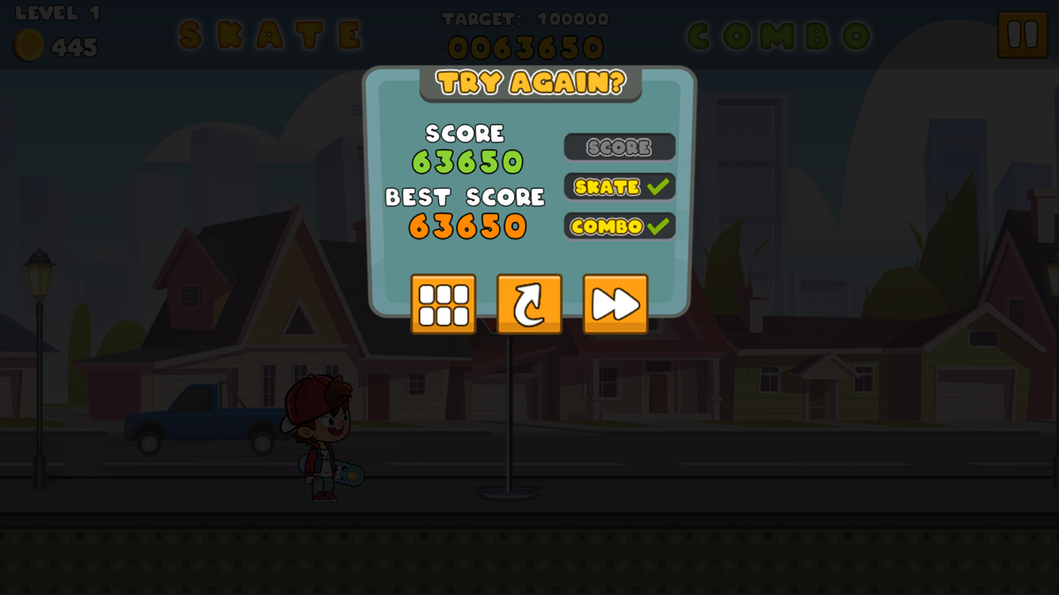 Skateboard Challenge Game Level Complete Screenshot.