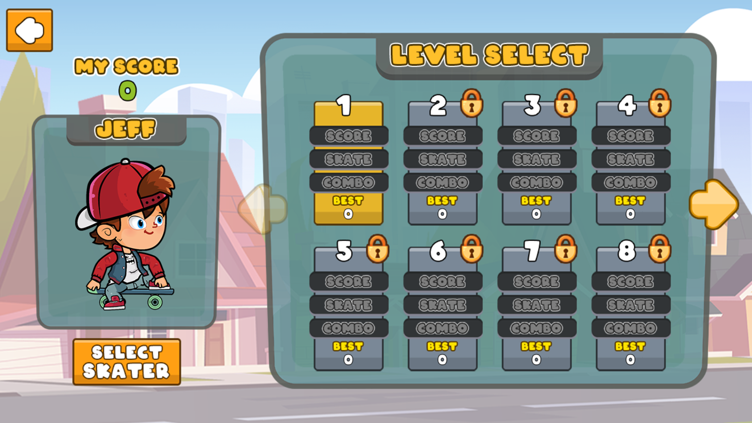 Skateboard Challenge Game Level Select Screenshot.