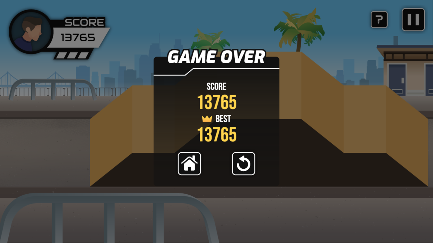 Skateboard Hero Game Over Screenshot.