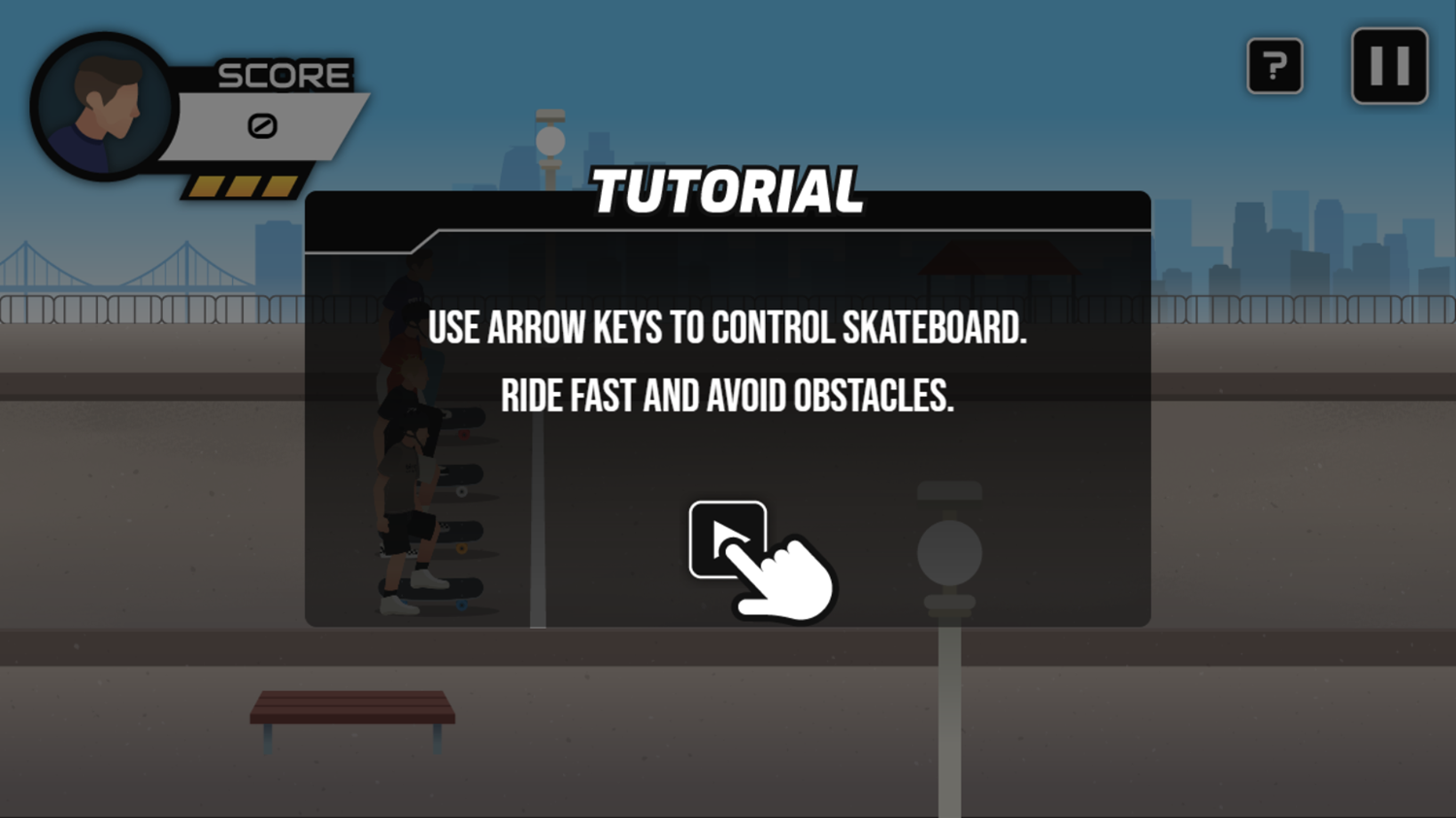 Skateboard Hero Game Tutorial Screenshot.