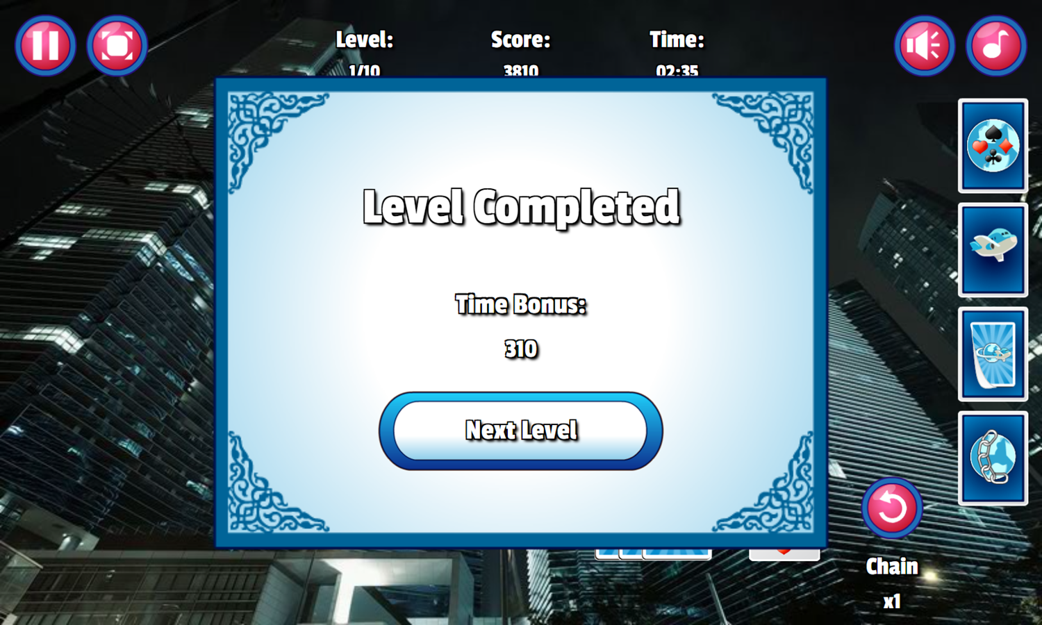 Skyscraper Solitaire Game Level Completed Screenshot.