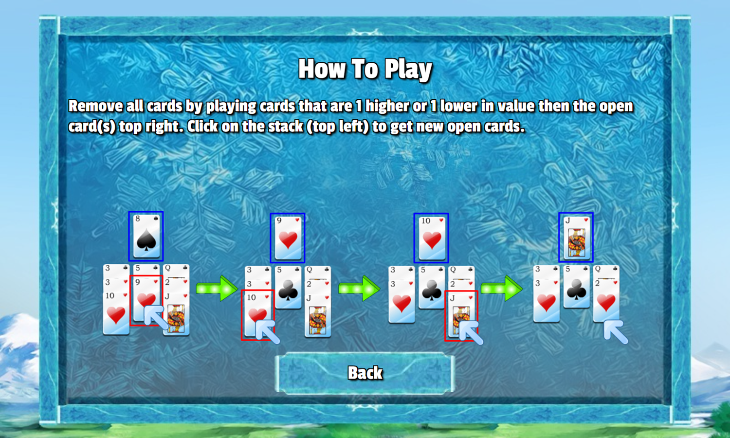 Snowy Peaks Solitaire Game How To Play Screenshot.