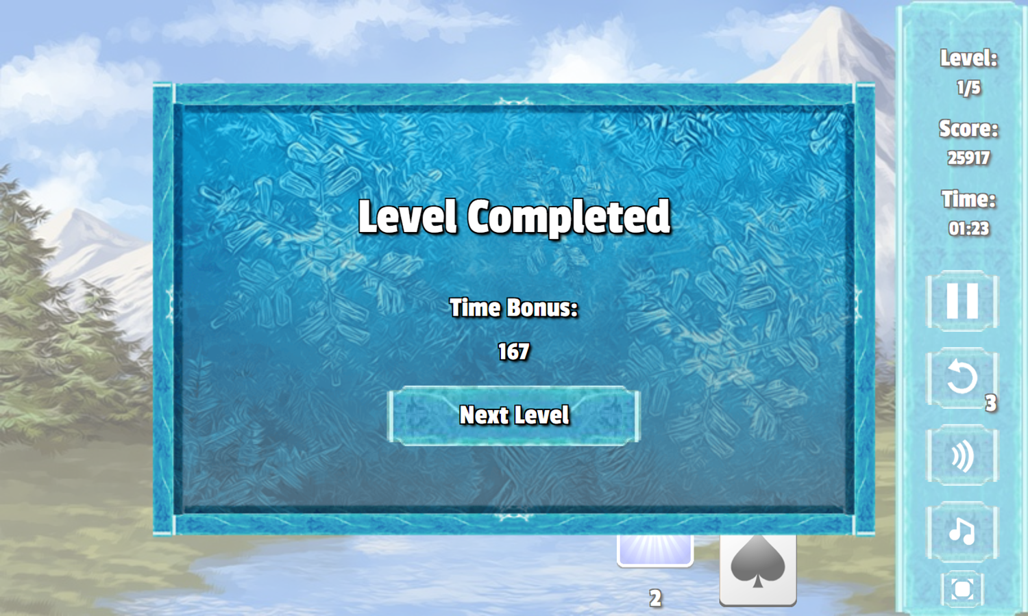 Snowy Peaks Solitaire Game Level Completed Screenshot.