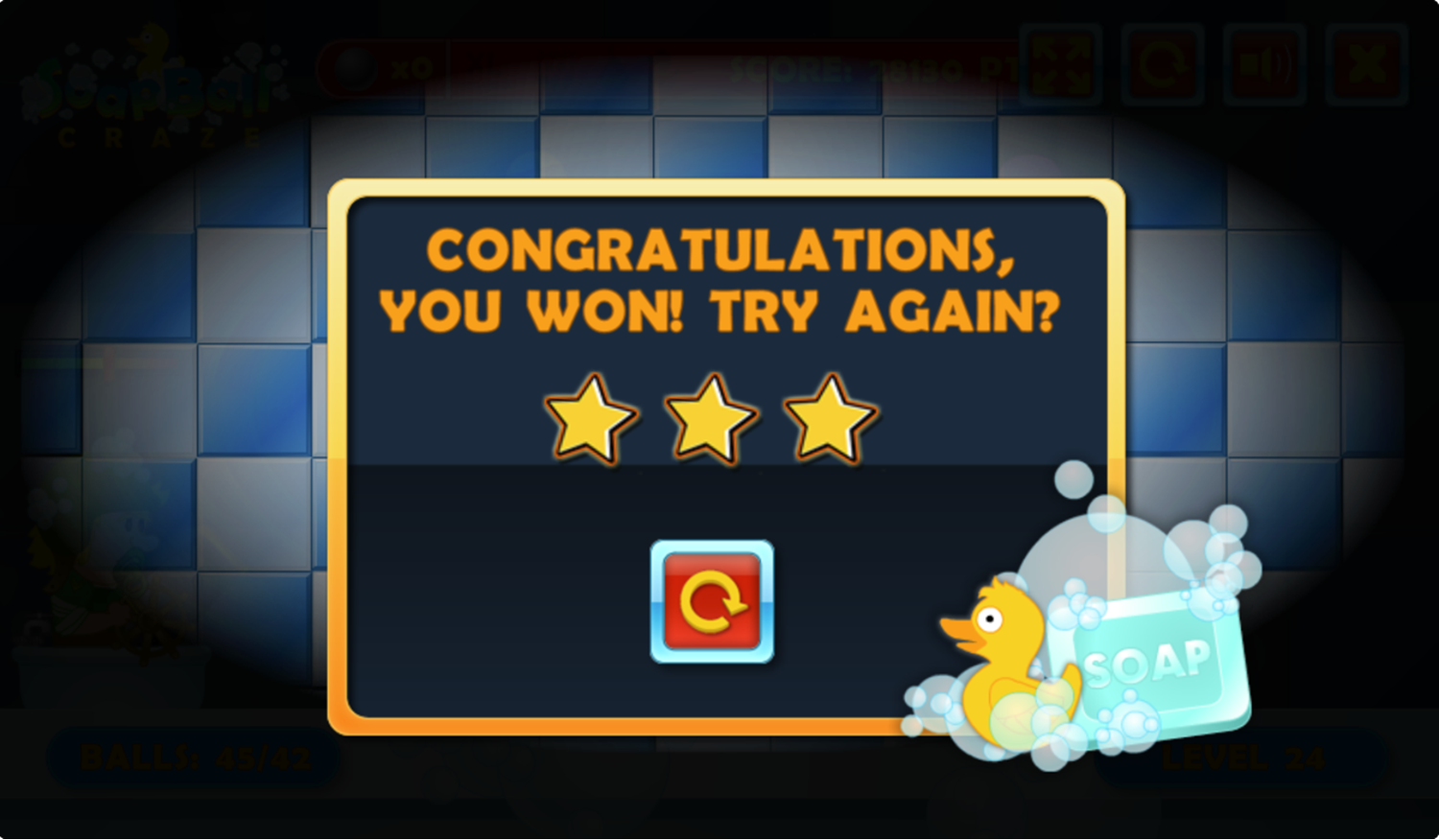 SoapBall Craze Game Beat Screen Screenshot.