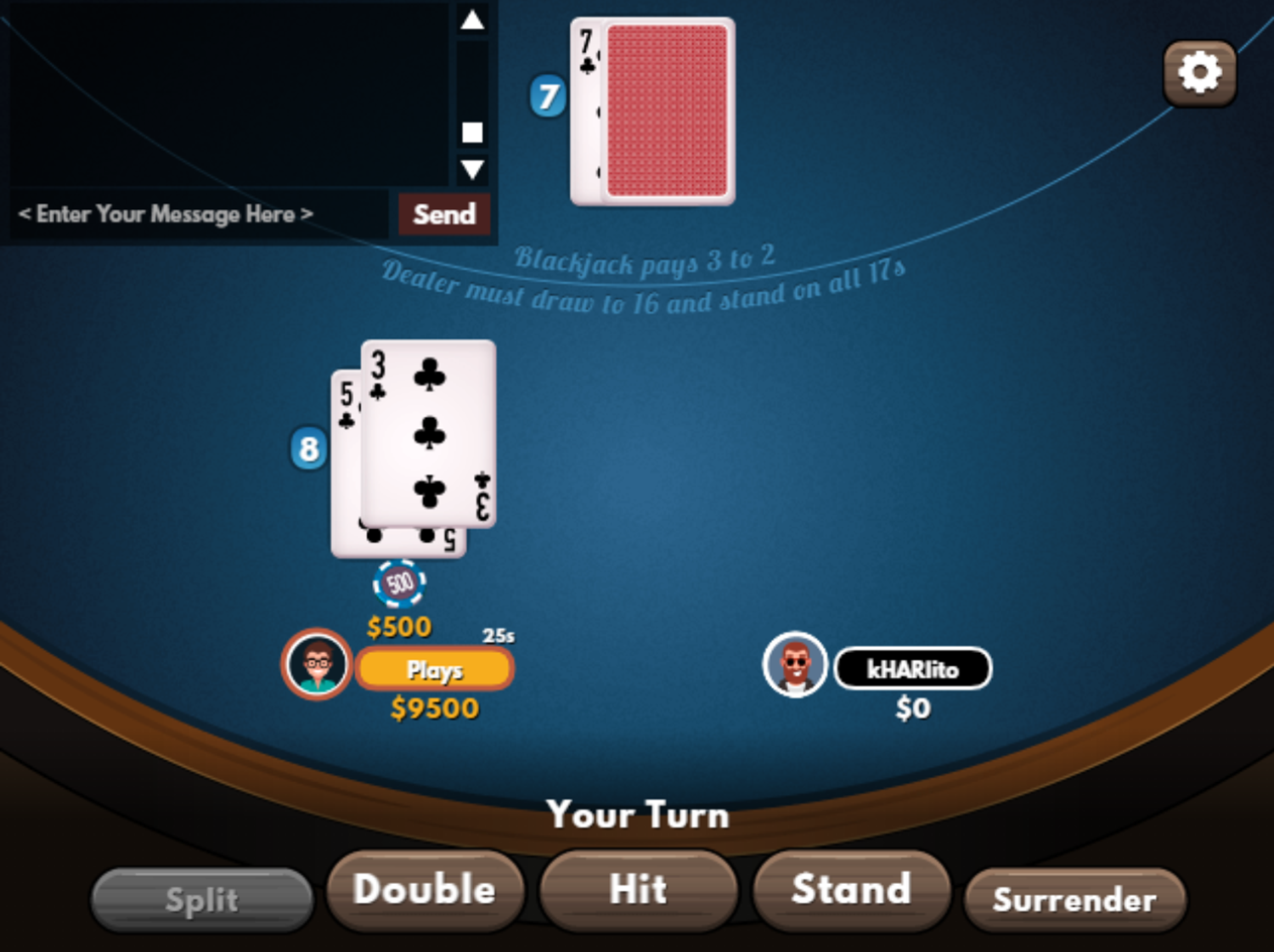 Social Blackjack Game Play Screenshot.