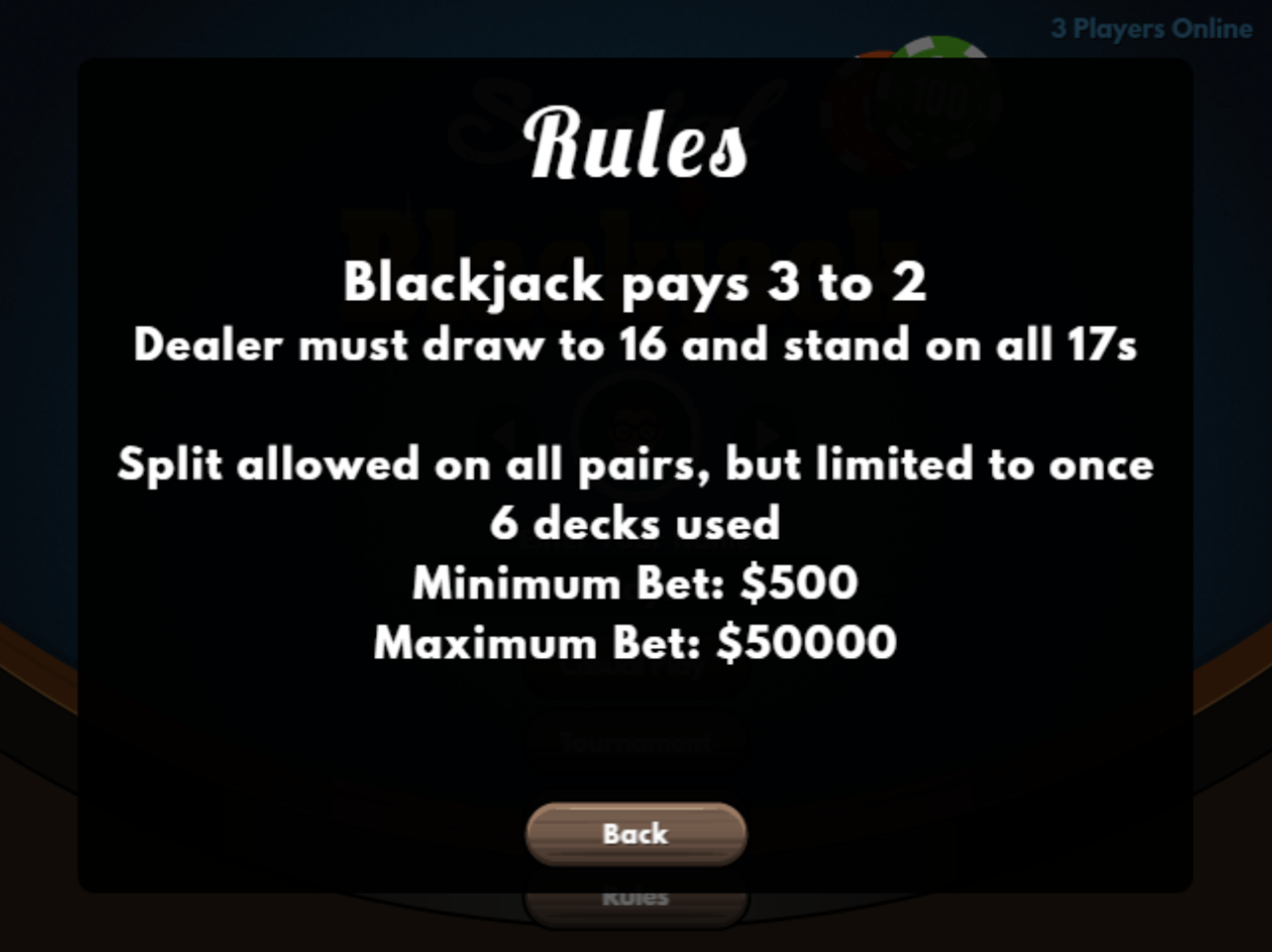 Social Blackjack Game Rules Screenshot.