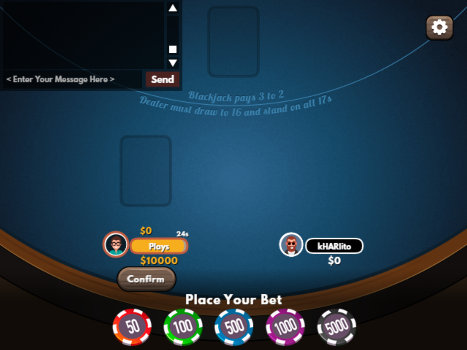Social Blackjack Game Start Screenshot.