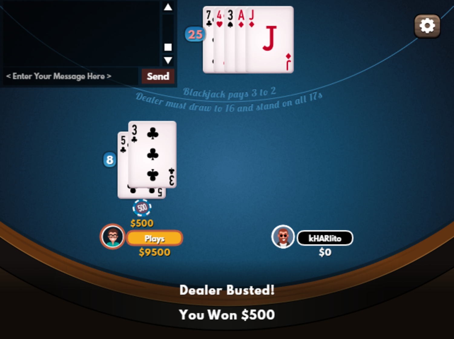 Social Blackjack Game Win Screenshot.