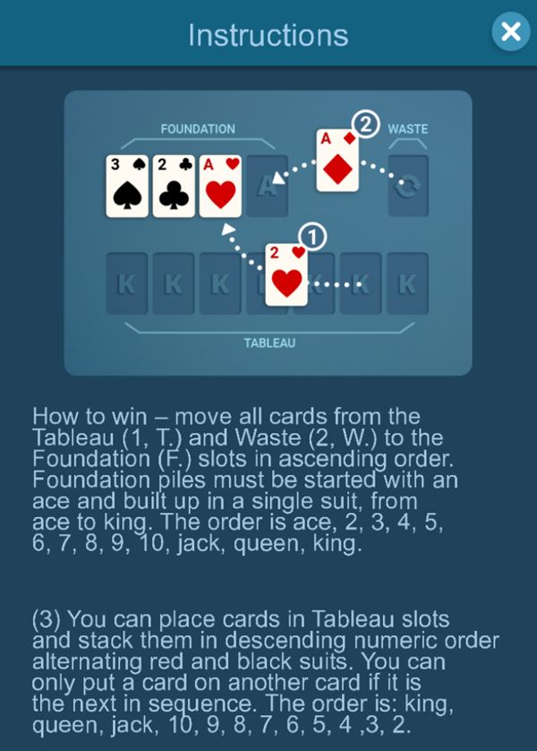 Solitaire Grande Game Instructions Screenshot.