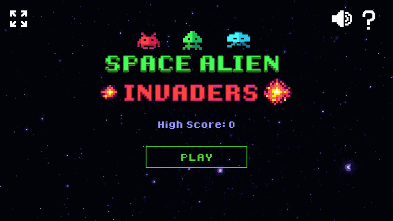Space Alien Invaders Game Welcome Screen Screenshot.