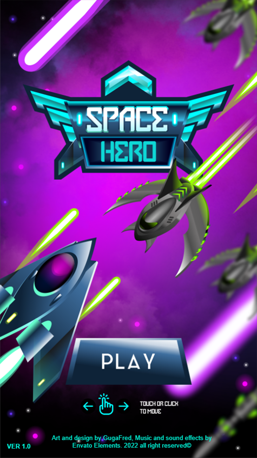 Space Hero Game Welcome Screen Screenshot.