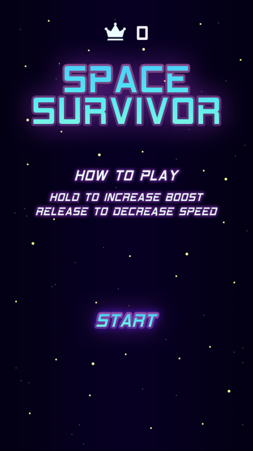 Space Survivor Game Welcome Screen Screenshot.