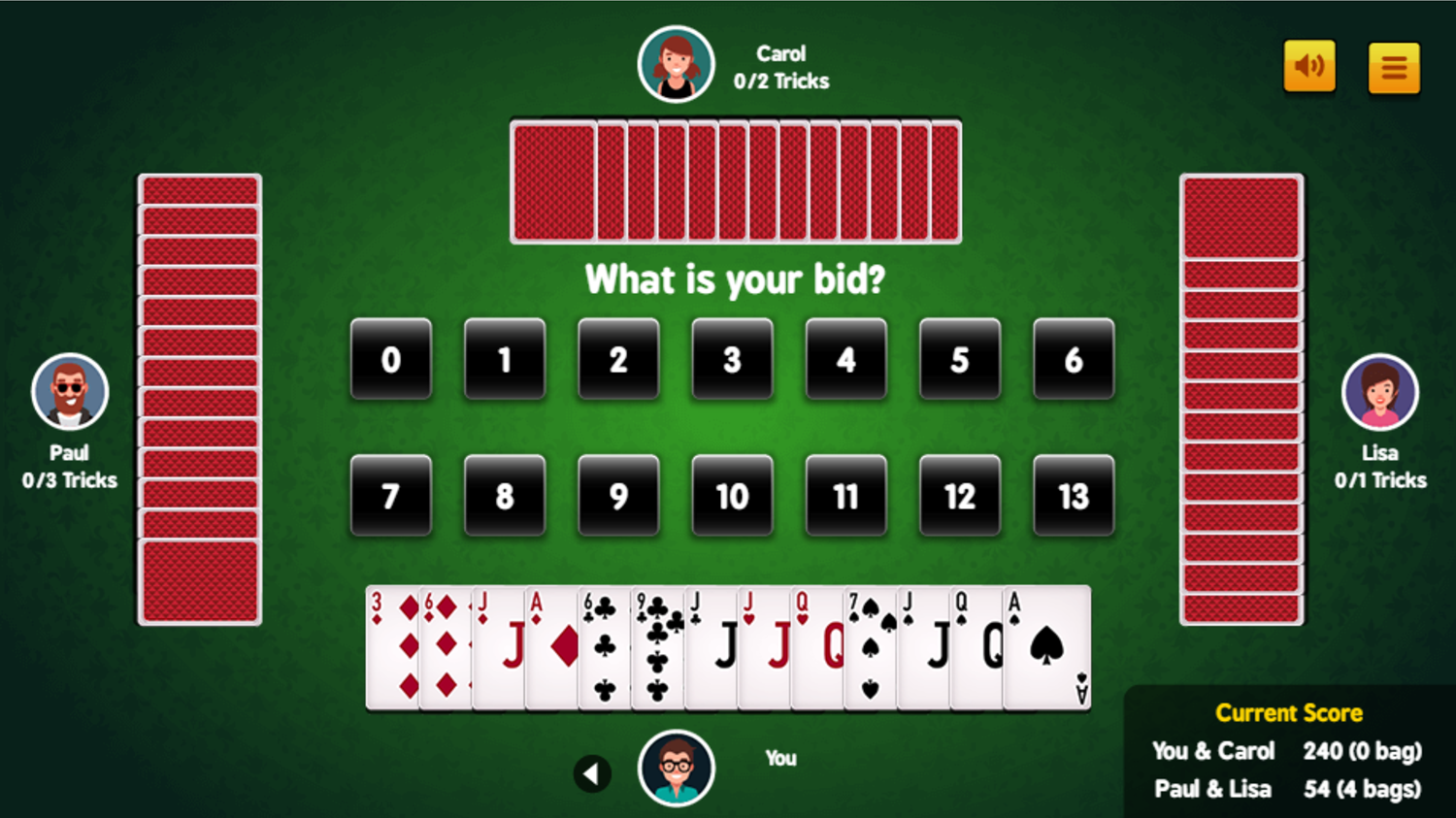 Spades Game Bidding Screen Screenshot.