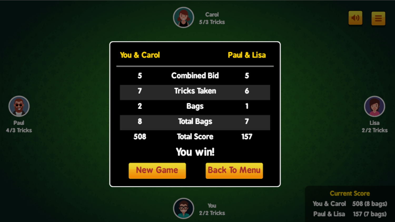 Spades Game Won Screenshot.