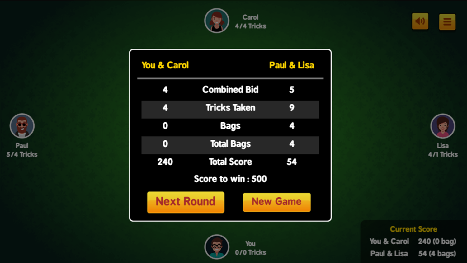 Spades Game Score Screen Screenshot.