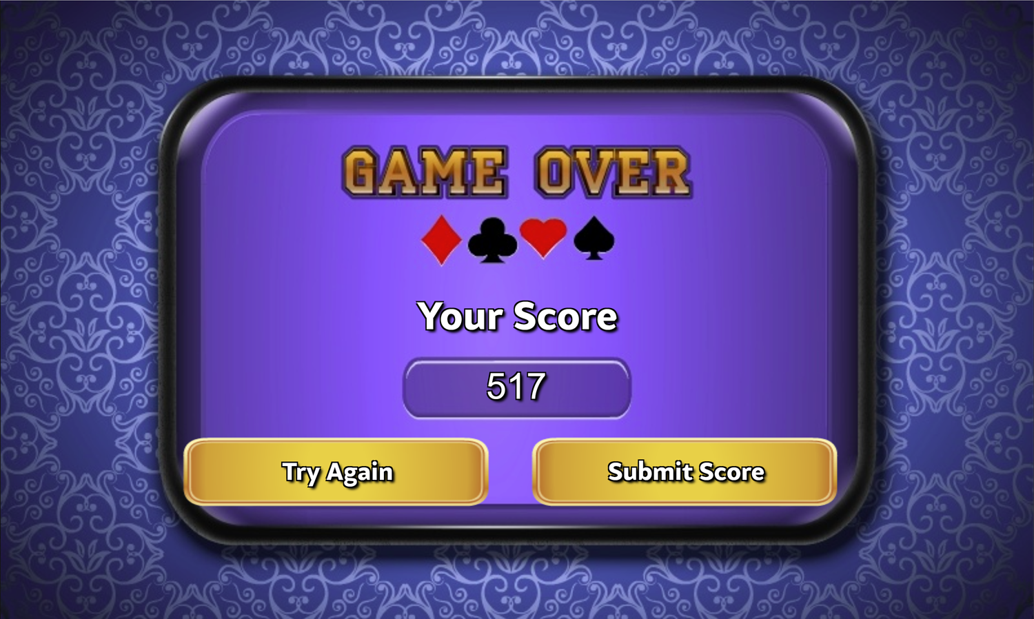 Spades Video Game Over Screen Screenshot.