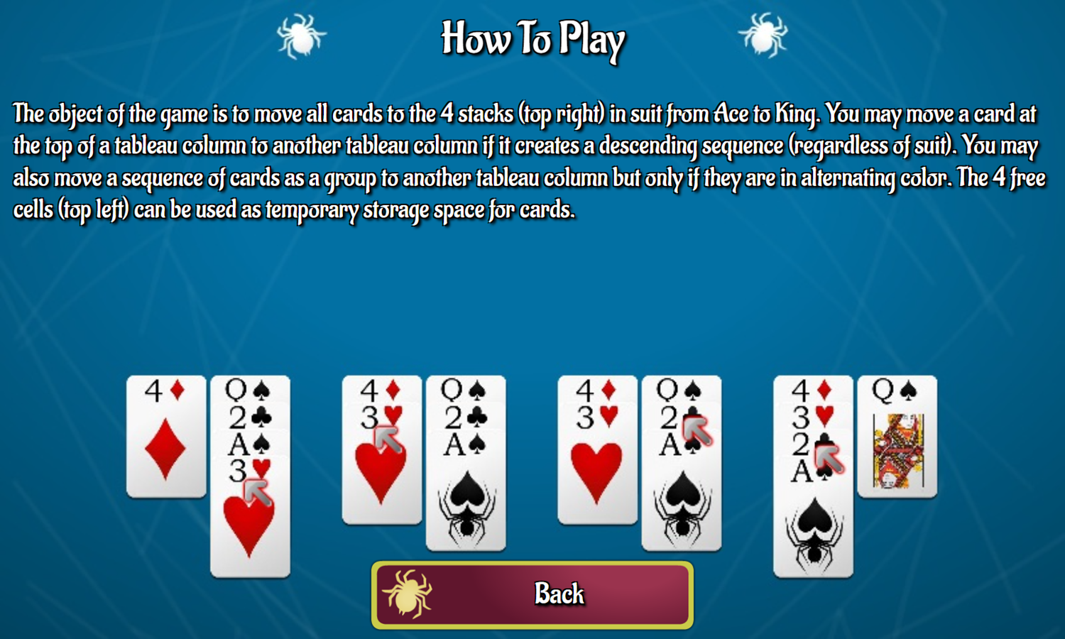 Spider Freecell Solitaire Game How To Play Screenshot.