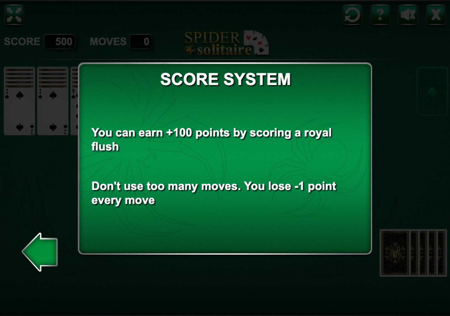 Spider Solitaire Points Screenshot.