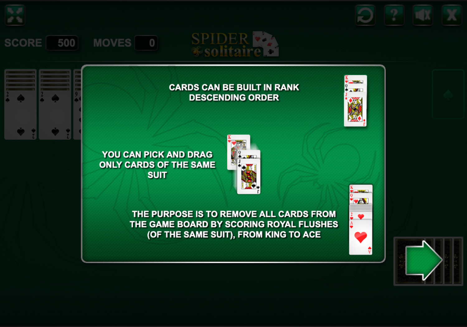 Spider Solitaire Rules Screenshot.
