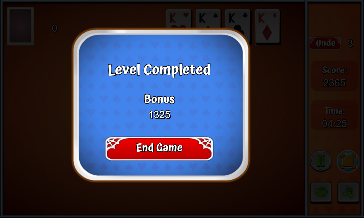 Spidike Solitaire Game Completed Screenshot.