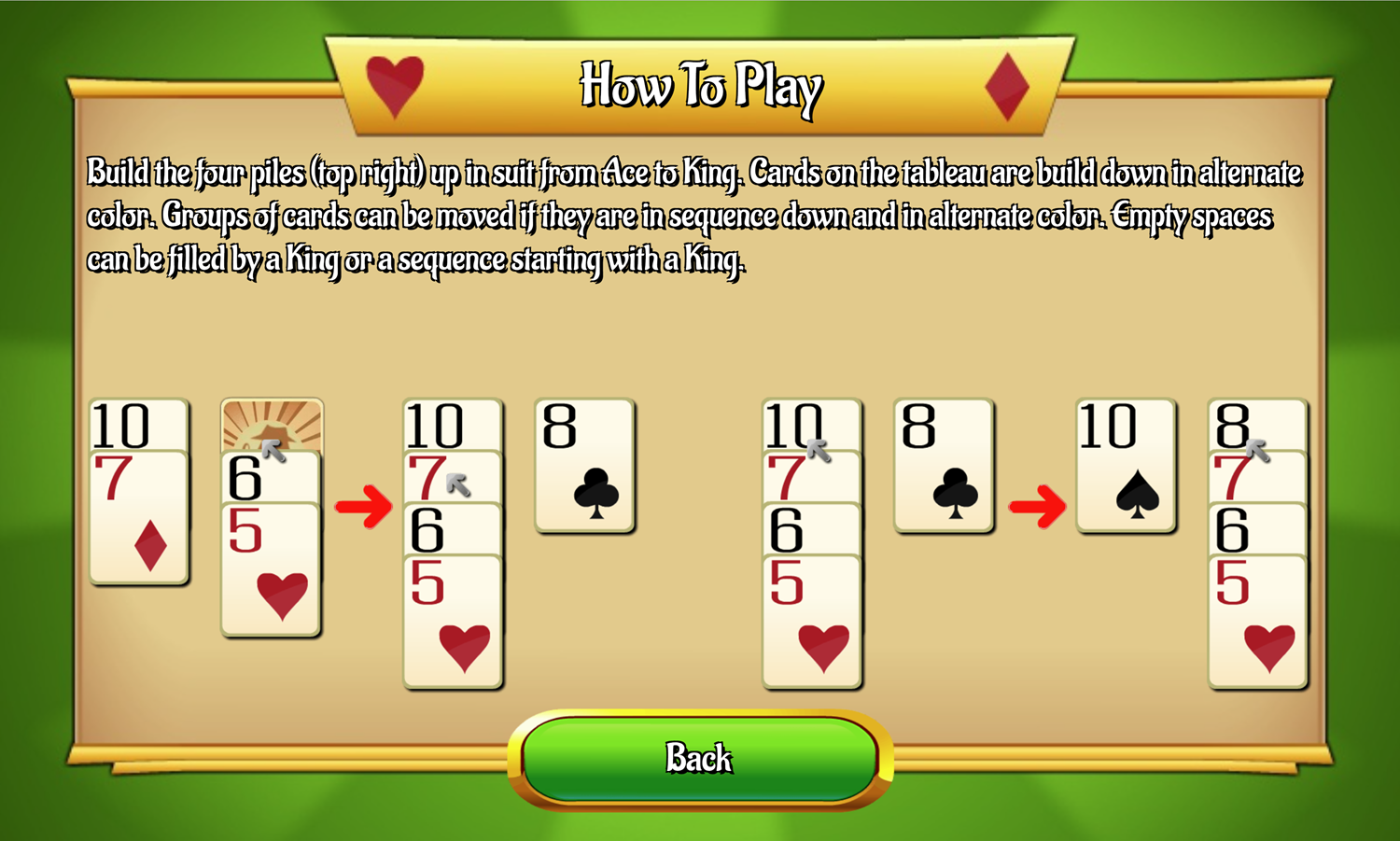 Spike Solitaire Game How to Play Screen Screenshot.