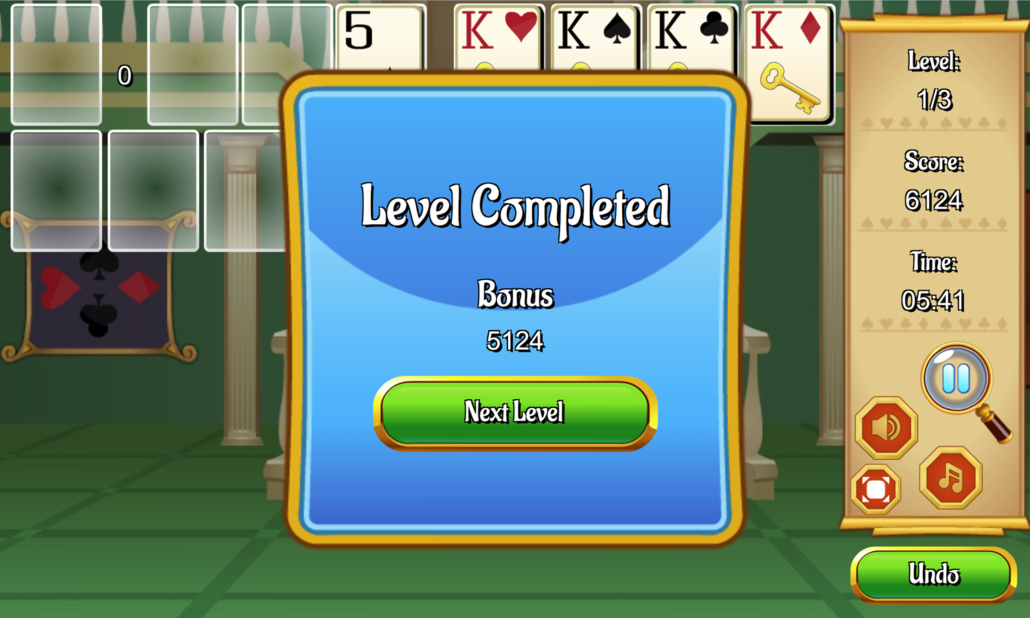 Spike Solitaire Game Level Completed Screen Screenshot.