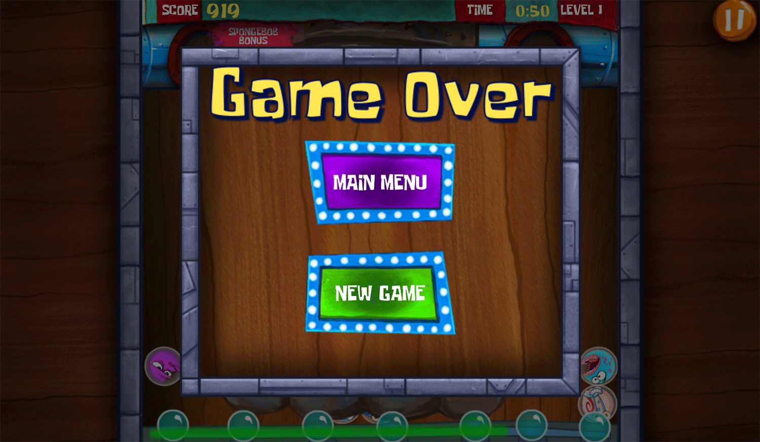 Spongebob Squarepants Marble Bash Game Over Screenshot.