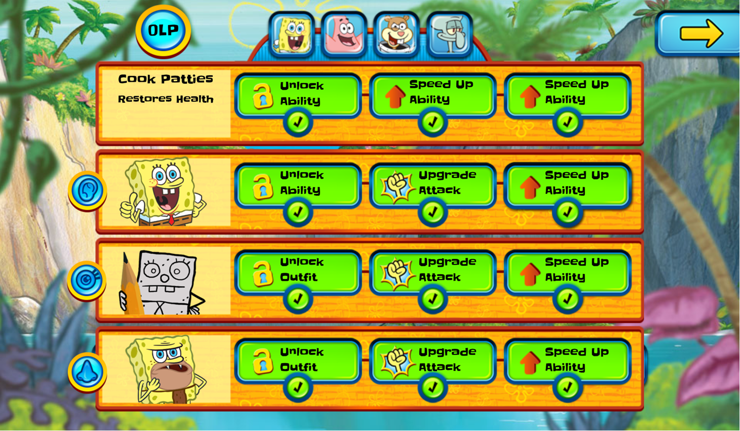 SpongeBob SquarePants Monster Island Adventure Game Character Upgrades Screen Screenshot.