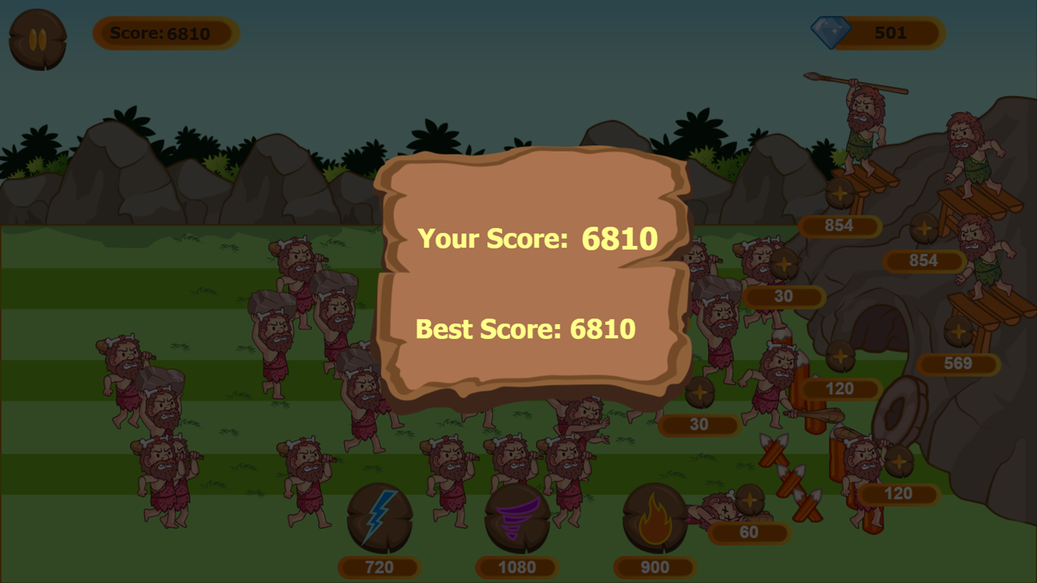 Stone Age Defender Game Score Screenshot.