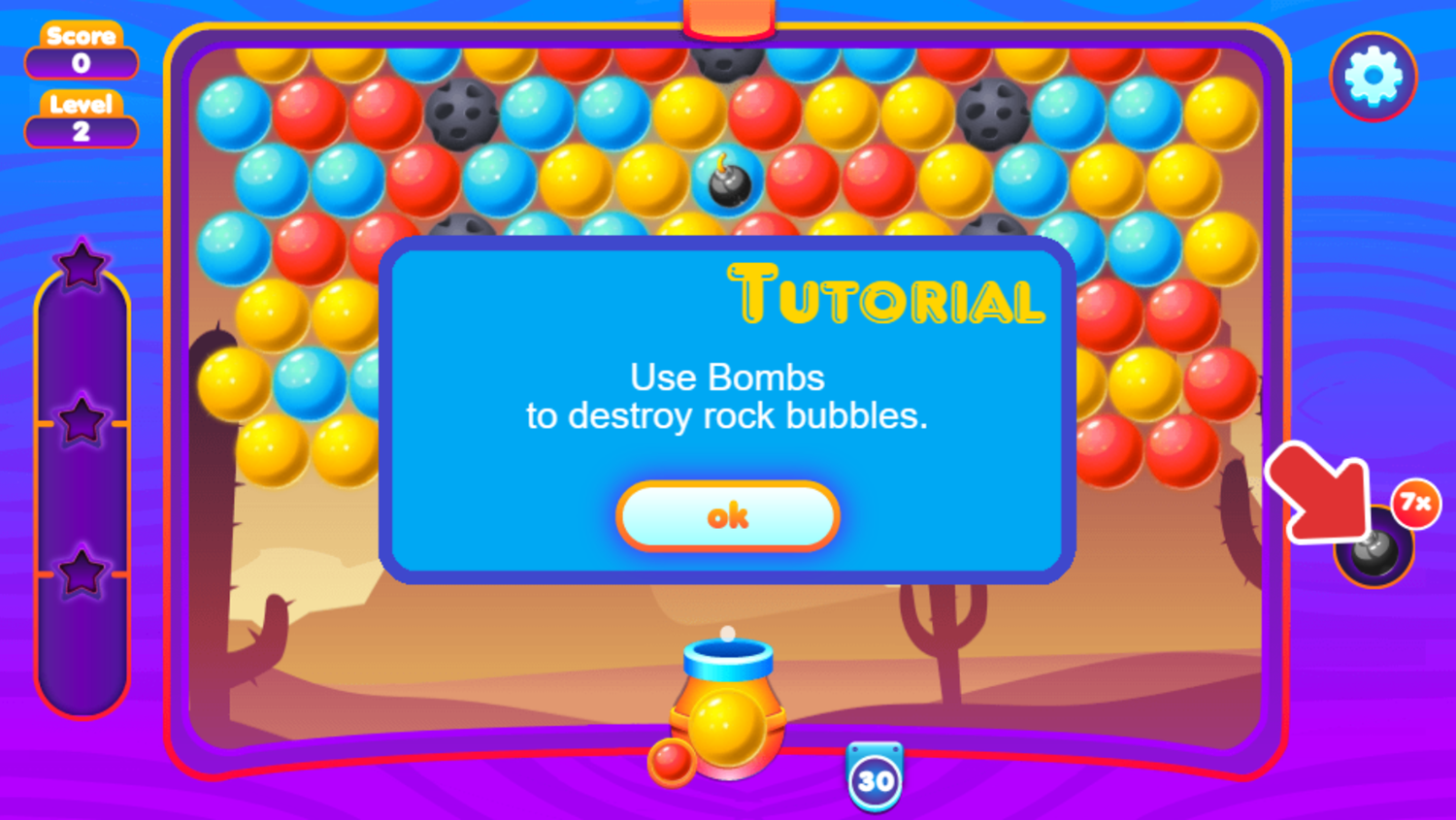 Super Bubble Shooter Game Bombs Destroy Rocks Tutorial Screen Screenshot.