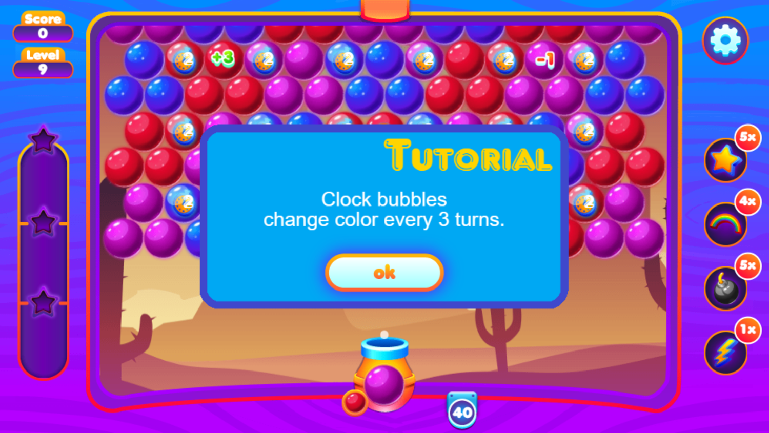 Super Bubble Shooter Game Clock Bubbles Tutorial Screen Screenshot.