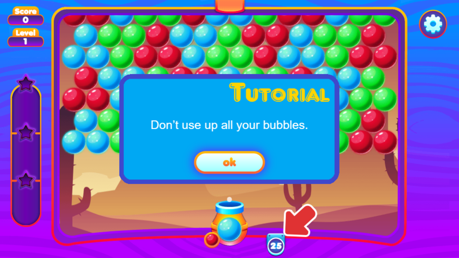 Super Bubble Shooter Game Don't Use All The Bubbles Tutorial Screen Screenshot.