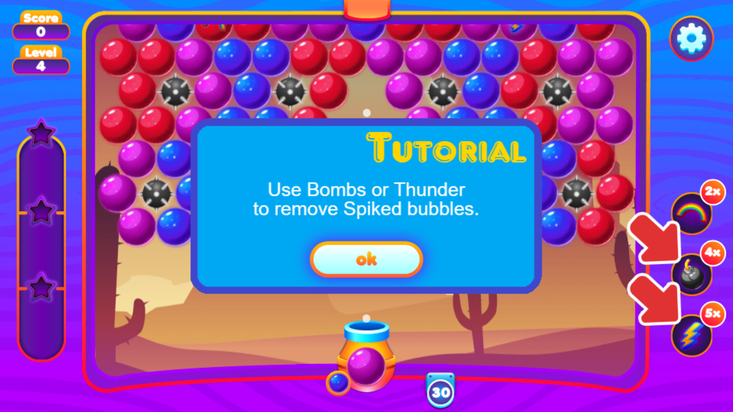 Super Bubble Shooter Game Remove Spiked Bubbles Tutorial Screen Screenshot.