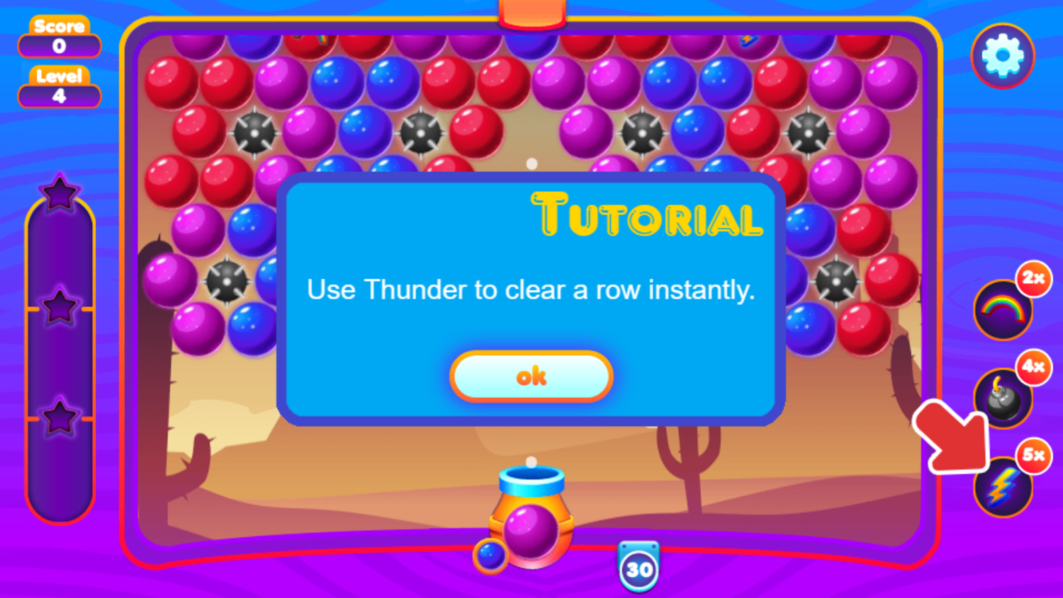 Super Bubble Shooter Game Clear Rows Thunder Bubble Tutorial Screen Screenshot.