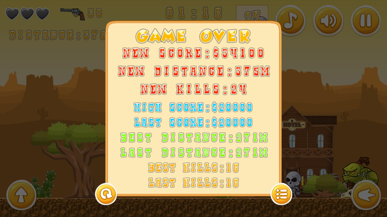 Super Cowboy Run Game Over Screenshot.