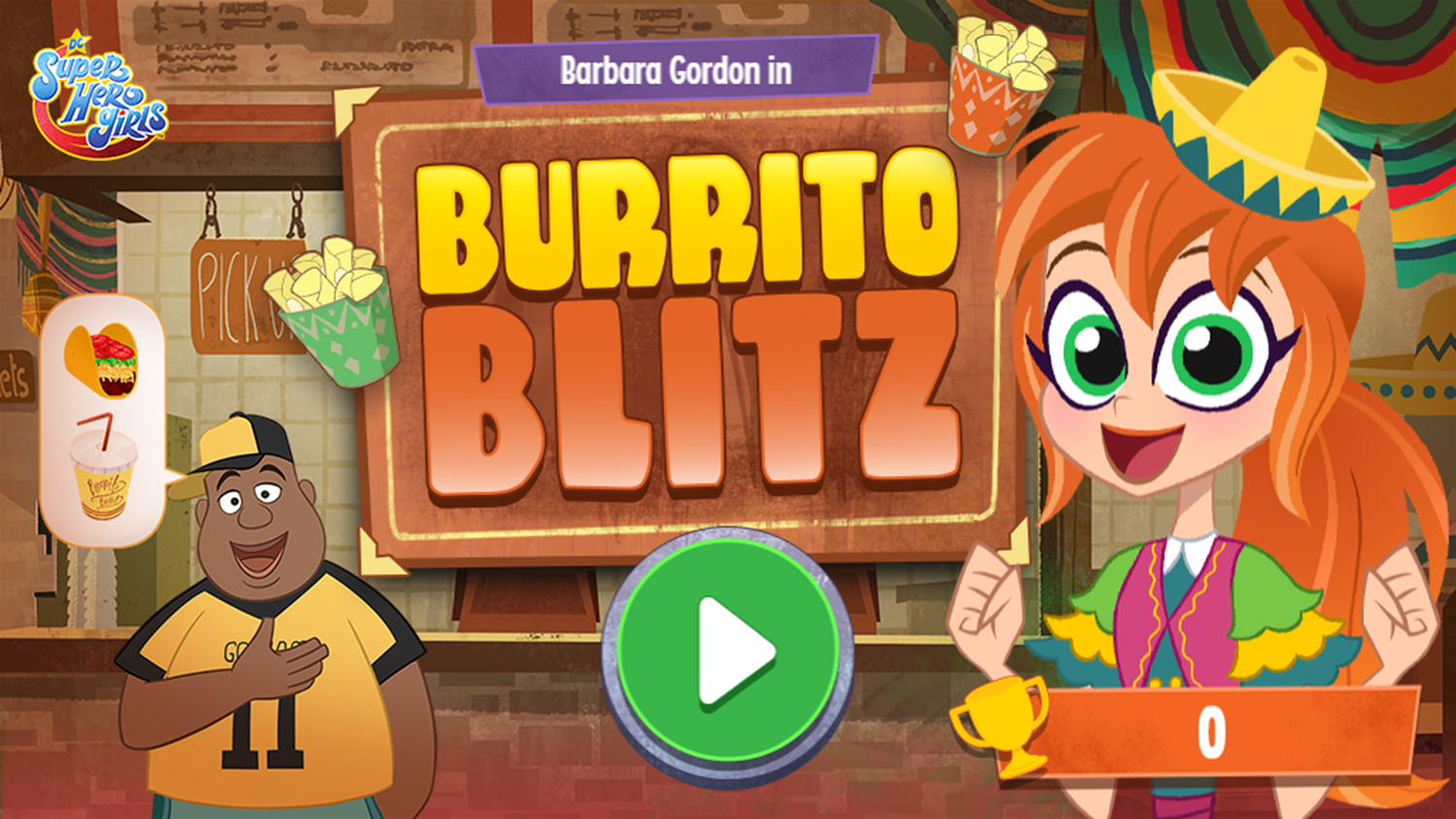 Super Hero Girls Burrito Blitz Game Welcome Screen Screenshot.