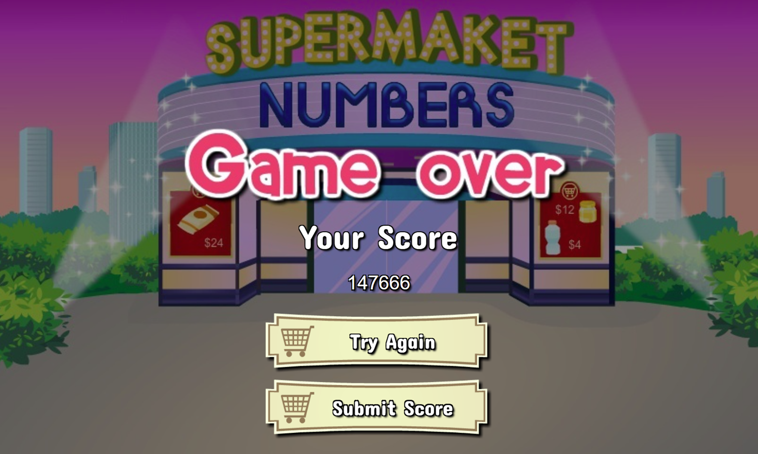 Supermarket Numbers Game Over Screen Screenshot.