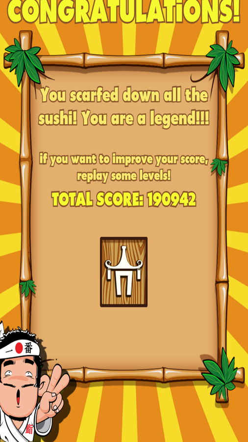 Sushi Matching Game Won Screen Screenshot.